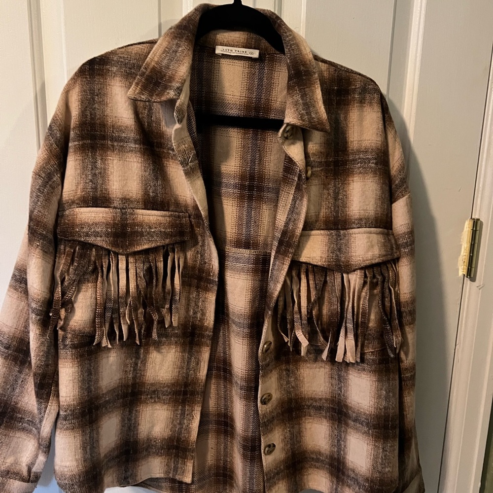 12th Tribe Brown Plaid Fringe oversized flannel